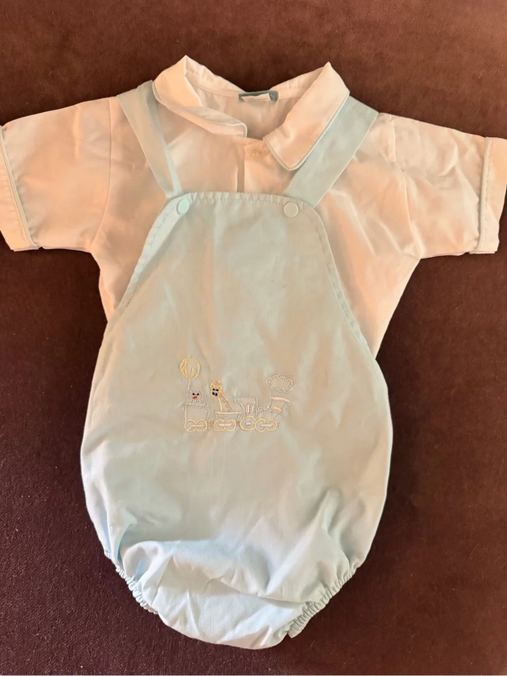Vintage baby boy Light Blue Embroidered Romper Overalls, size 9 months